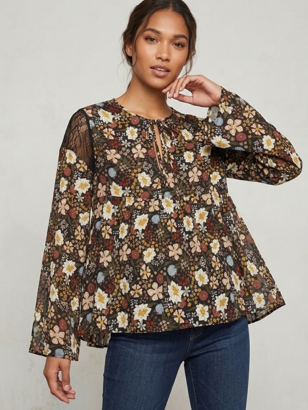 NWT BCBGeneration Floral Lace Sleeve Babydoll Top XS Boho Keyhole Blouse